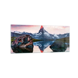 Cuadro sobre vidrio - Impresiones sobre Vidrio - Un pico de montaña reflejado en un lago al atardecer. - 120x50cm - El corazón de las montañas arde - Decoración de pared moderna para salón y dormitorio ARTTOR