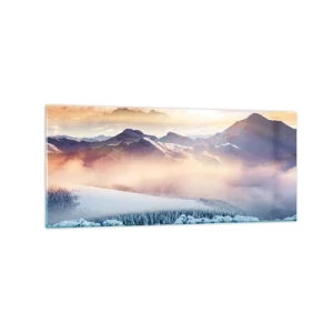 Cuadro sobre vidrio - Impresiones sobre Vidrio - Montañas cubiertas de nieve al amanecer con un cielo colorido. - 120x50cm - La fuerza y la pureza de la naturaleza - Decoración de pared moderna para salón y dormitorio ARTTOR