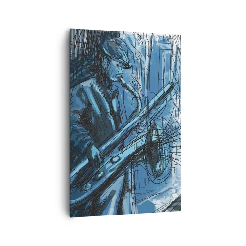 Cuadro sobre lienzo - Impresión de Imagen - Una figura tocando el saxofón con una ciudad como telón de fondo. - 80x120cm - Rapsodia urbana - Decoración de pared moderna para salón y dormitorio ARTTOR