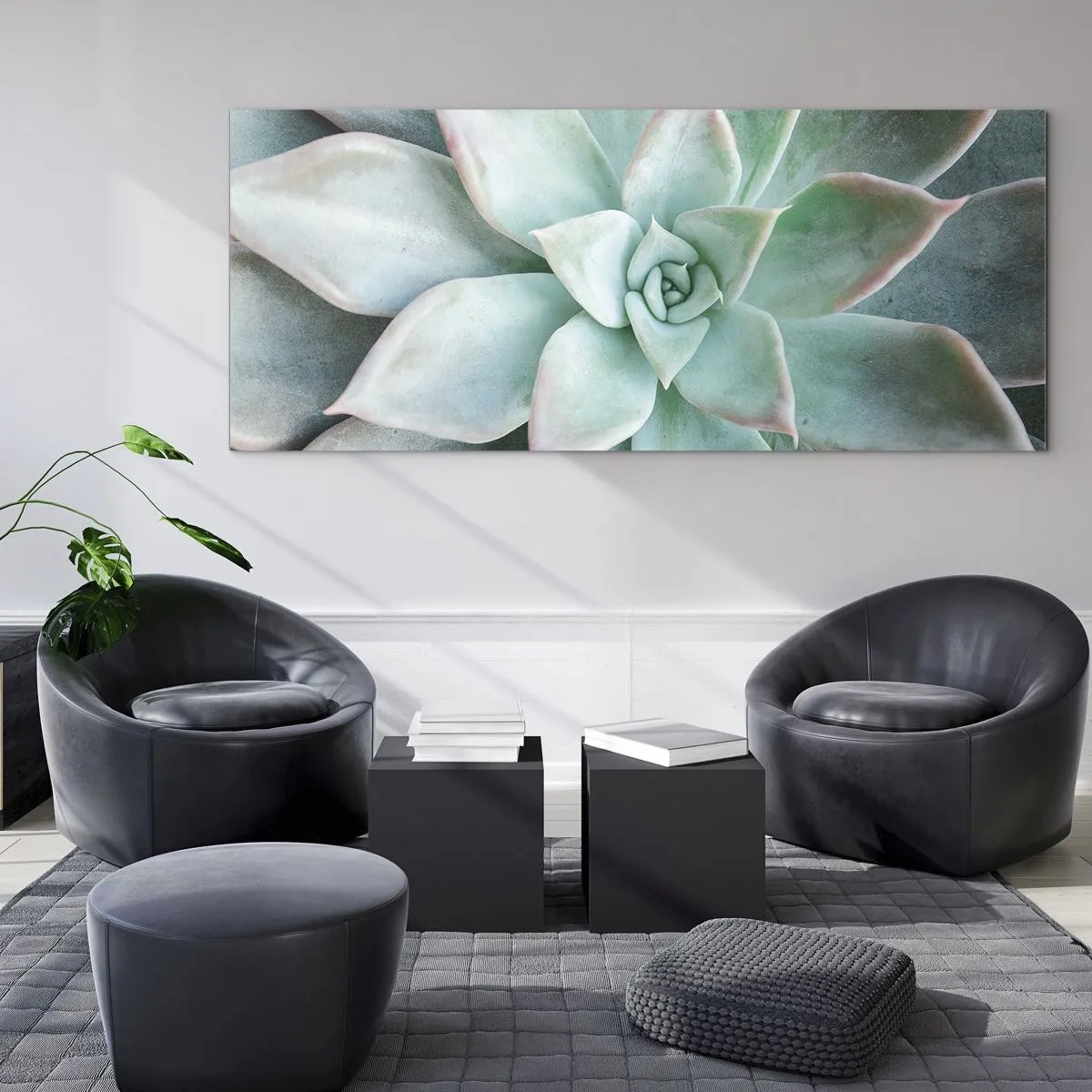Cuadro sobre vidrio - Impresiones sobre Vidrio - Primer plano de una suculenta verde - 120x50cm - El corazón del desierto - Decoración de pared moderna para salón y dormitorio ARTTOR
