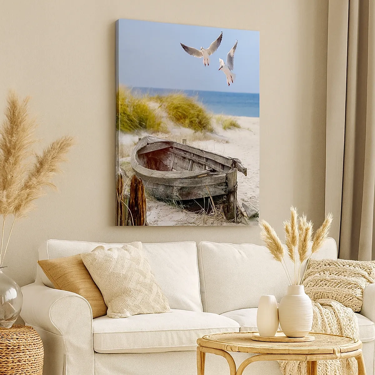 Cuadro sobre lienzo - Impresión de Imagen - Barco abandonado en una playa con gaviotas - 50x70cm - Bañada por el viento - Decoración de pared moderna para salón y dormitorio ARTTOR