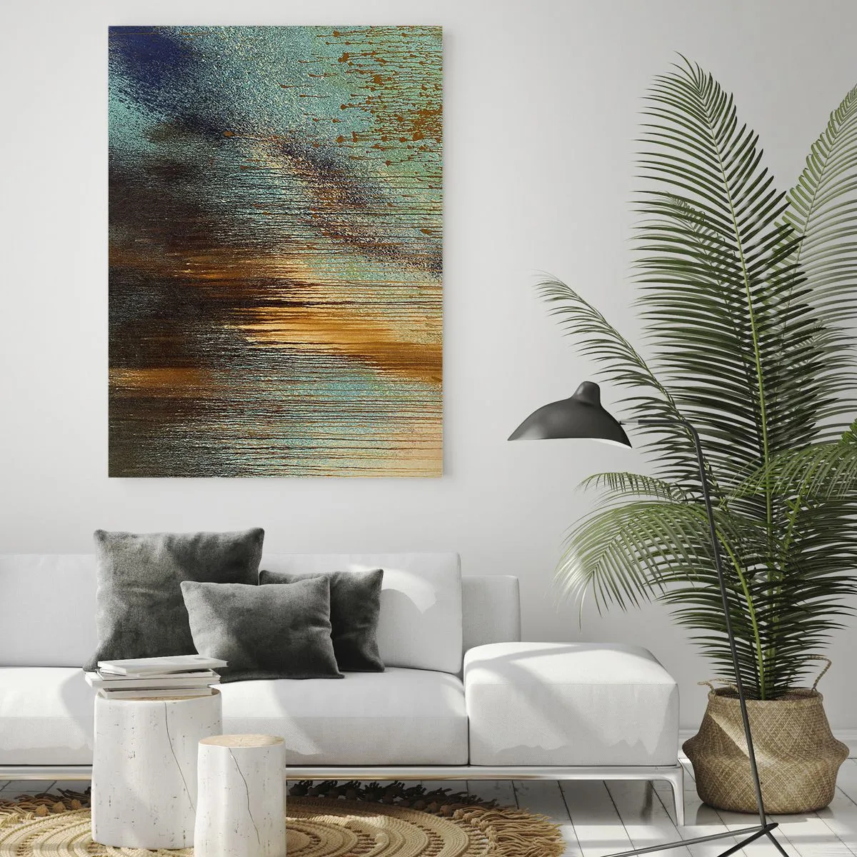 Cuadro sobre vidrio - Impresiones sobre Vidrio - Una composición abstracta de colores en tonos dorados, marrones y azules. - 80x120cm - Una composición colorista no accidental - Decoración de pared moderna para salón y dormitorio ARTTOR