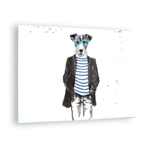 Cuadro sobre vidrio - Impresiones sobre Vidrio - Ilustración de un perro con camisa de marinero y gafas sobre un fondo blanco. - 70x50cm - El encanto del perro - Decoración de pared moderna para salón y dormitorio ARTTOR