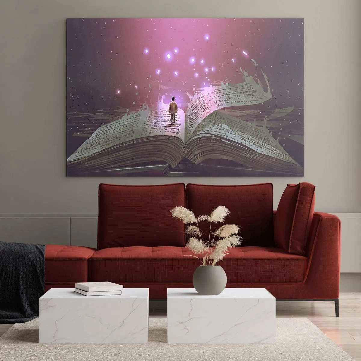 Cuadro sobre vidrio - Impresiones sobre Vidrio - Un libro abierto del que flotan luz mágica y estrellas. - 120x80cm - Una invitación a otro mundo - Decoración de pared moderna para salón y dormitorio ARTTOR