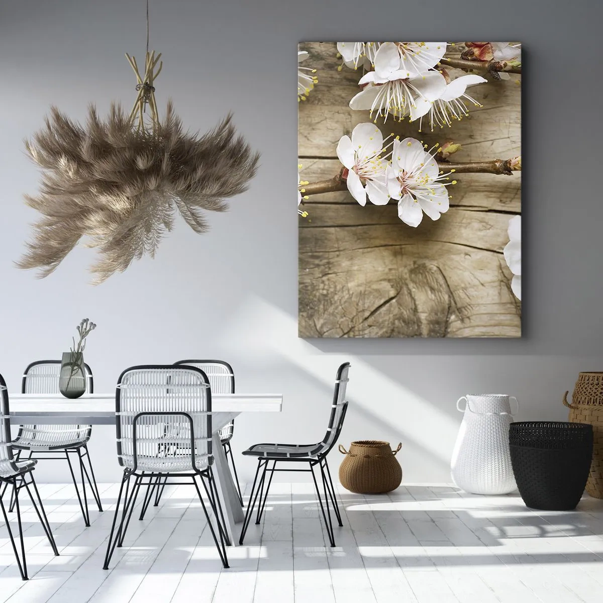 Cuadro sobre lienzo - Impresión de Imagen - Ramas de cerezos en flor sobre un fondo de tabla de madera - 50x70cm - Se acerca la primavera - Decoración de pared moderna para salón y dormitorio ARTTOR