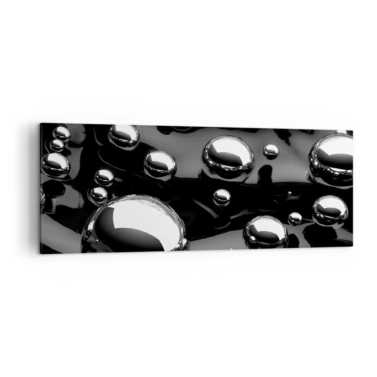 Cuadro sobre lienzo - Impresión de Imagen - Gotas abstractas sobre una superficie negra - 140x50cm - De las negras profundidades - Decoración de pared moderna para salón y dormitorio ARTTOR