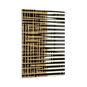Cuadro sobre vidrio - Impresiones sobre Vidrio - Rayas y líneas geométricas en tonos negros y dorados. - 50x70cm - Abstracción arquitectónica - Decoración de pared moderna para salón y dormitorio ARTTOR