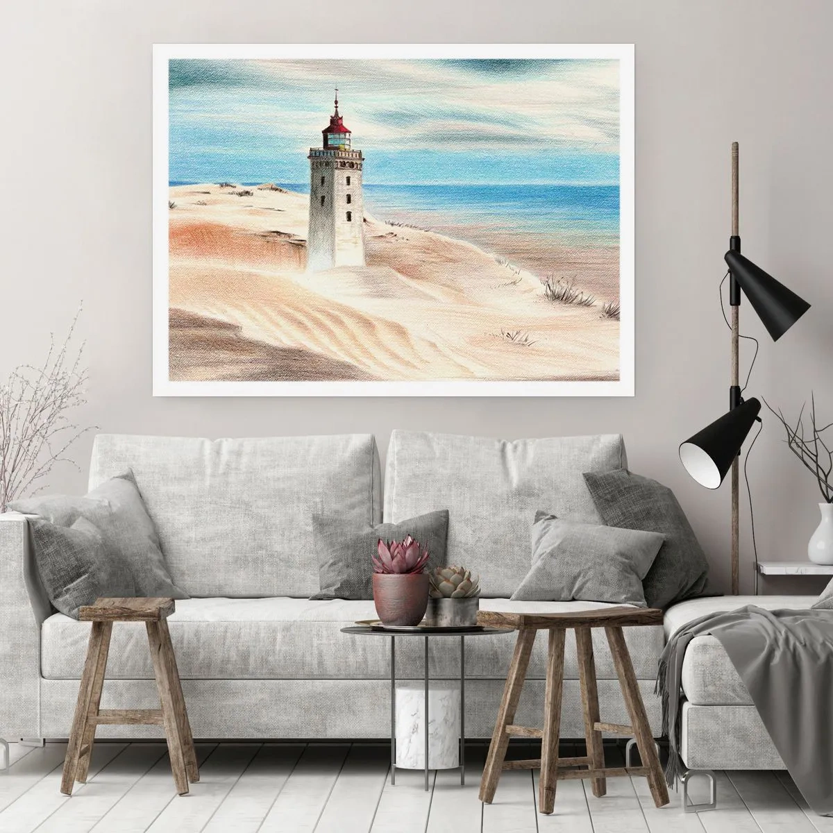 Póster - Un faro rodeado de dunas de arena y un cielo azul. - 100x70cm - Siempre mirando al mar - Decoración de pared moderna para salón y dormitorio ARTTOR