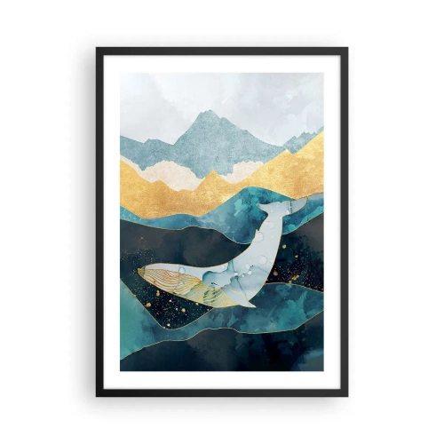 Póster en marco negro - Una ballena abstracta flotando entre olas doradas. - 50x70cm - La fresca belleza del norte - Decoración de pared moderna para salón y dormitorio ARTTOR