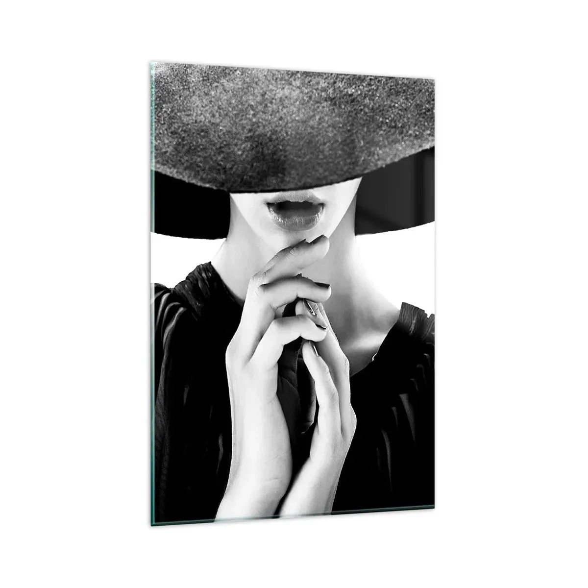 Cuadro sobre vidrio - Impresiones sobre Vidrio - Mujer elegante con un gran sombrero en tonos blanco y negro. - 80x120cm - Belleza oculta - Decoración de pared moderna para salón y dormitorio ARTTOR