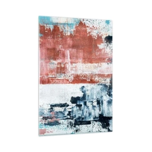 Cuadro sobre vidrio - Impresiones sobre Vidrio - Abstracción en colores blanco, azul y ladrillo. - 80x120cm - Mitad abstracción, mitad abstracción - Decoración de pared moderna para salón y dormitorio ARTTOR