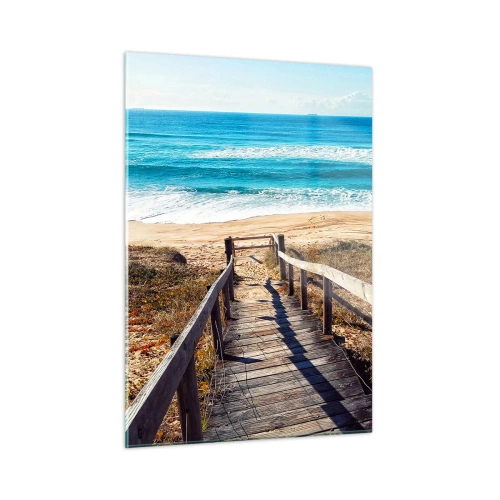 Cuadro sobre vidrio - Impresiones sobre Vidrio - Camino de madera que conduce a la playa con vistas al mar. - 50x70cm - ¡Corre! - Decoración de pared moderna para salón y dormitorio ARTTOR