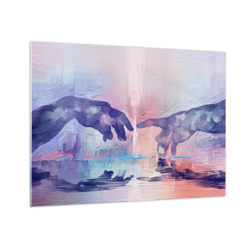 Cuadro sobre vidrio - Impresiones sobre Vidrio - Manos abstractas acercándose una a la otra sobre un fondo pastel. - 70x50cm - Chispa divina de vida - Decoración de pared moderna para salón y dormitorio ARTTOR