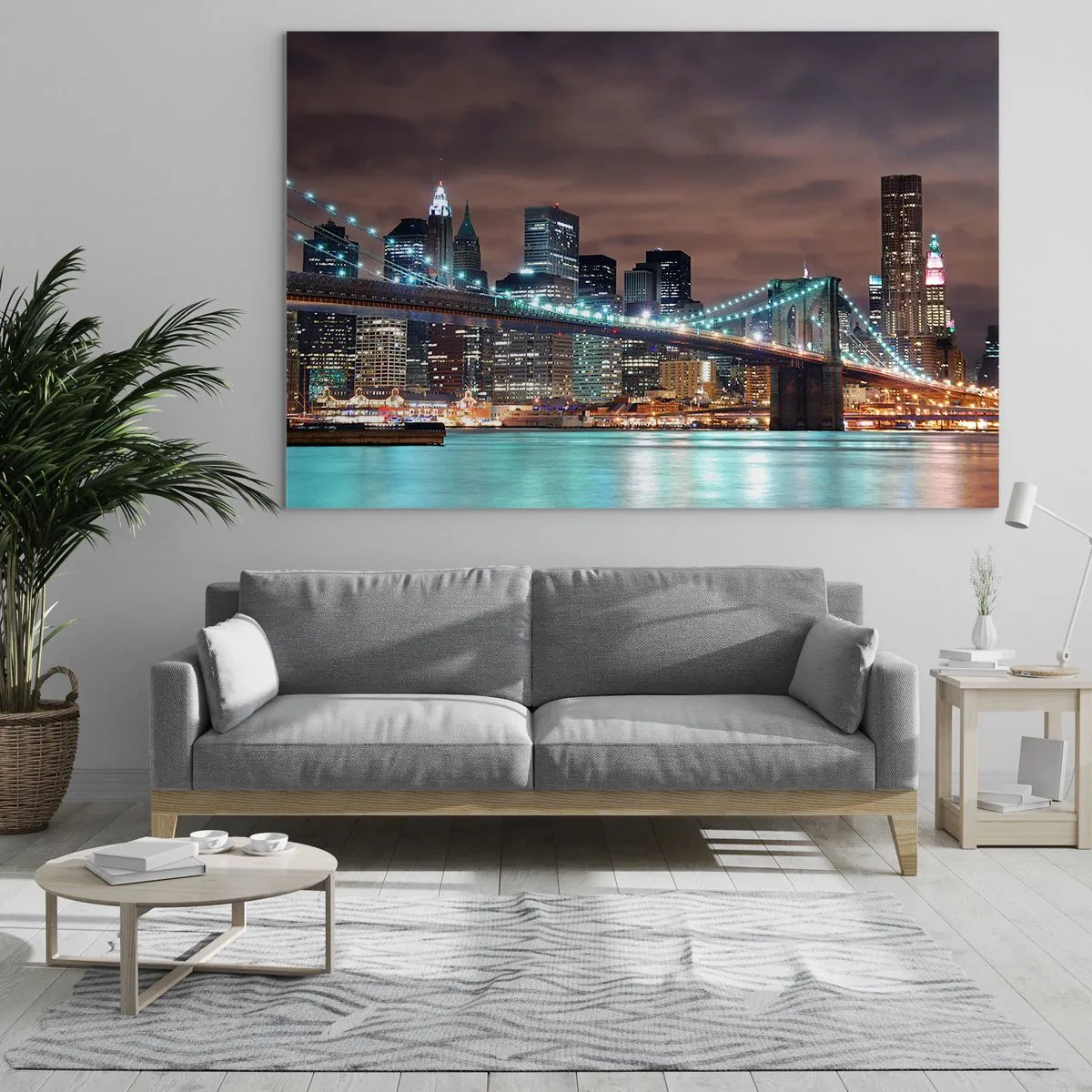 Cuadro sobre vidrio - Impresiones sobre Vidrio - Panorama nocturno de la ciudad con el puente iluminado - 70x50cm - Las luces de la gran ciudad - Decoración de pared moderna para salón y dormitorio ARTTOR
