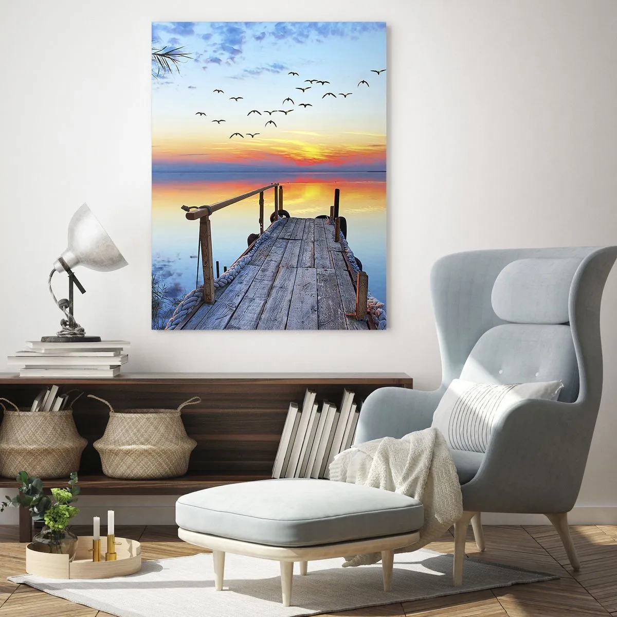 Cuadro sobre vidrio - Impresiones sobre Vidrio - Muelle de madera sobre el lago al atardecer - 80x120cm - Es hora de volver... - Decoración de pared moderna para salón y dormitorio ARTTOR