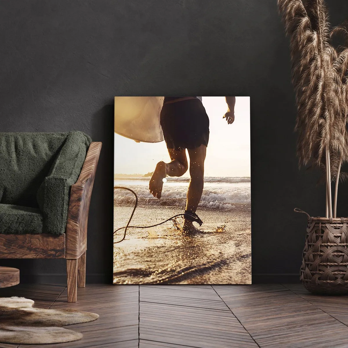 Cuadro sobre lienzo - Impresión de Imagen - Un surfista corre por la playa con su tabla bajo el sol. - 80x120cm - Para enfrentar la ola - Decoración de pared moderna para salón y dormitorio ARTTOR