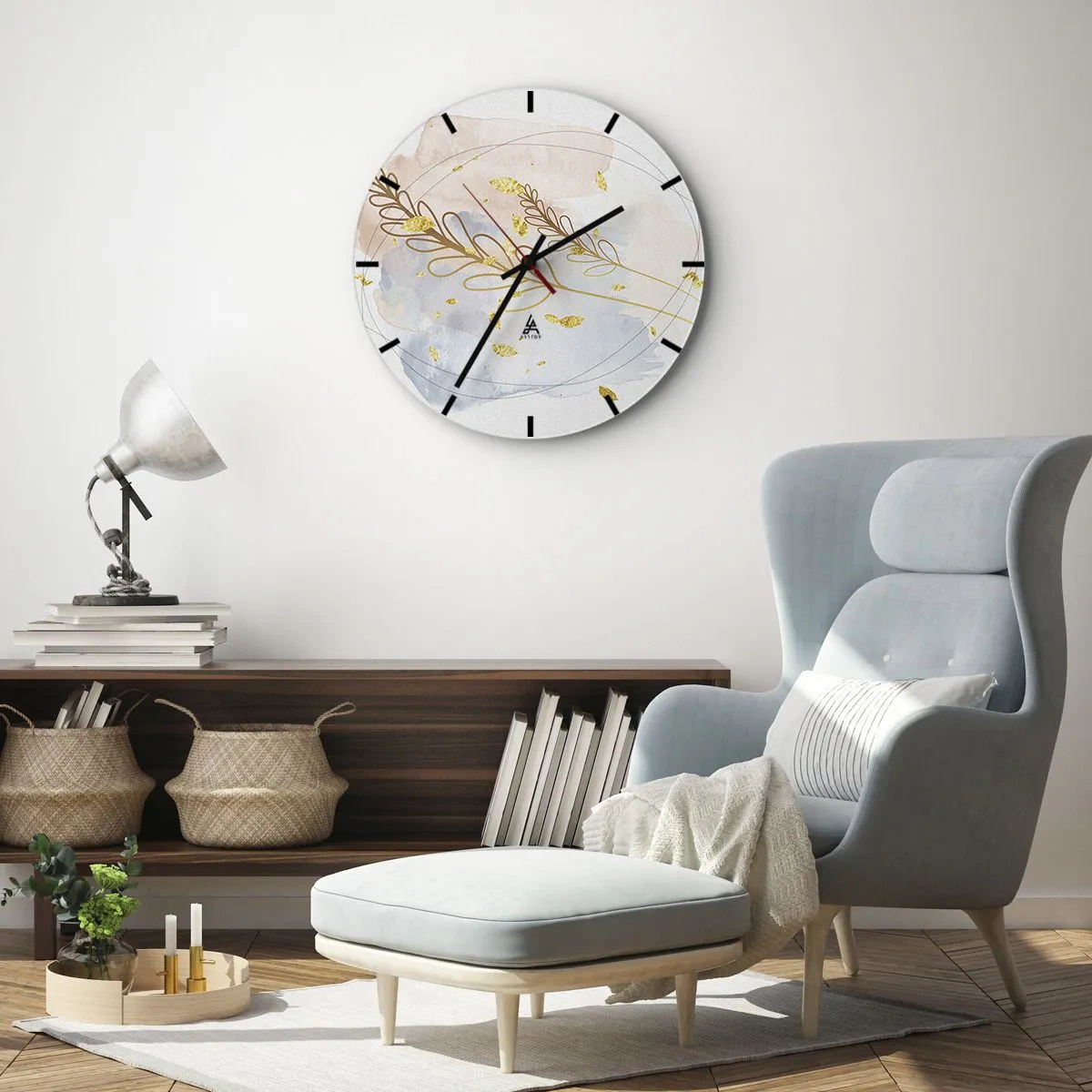 Reloj de pared - Reloj de vidrio - Un delicado motivo floral con acentos dorados en acuarela. - 30x30cm - Ráfaga dorada - Decoración de pared moderna para salón, cocina y dormitorio ARTTOR