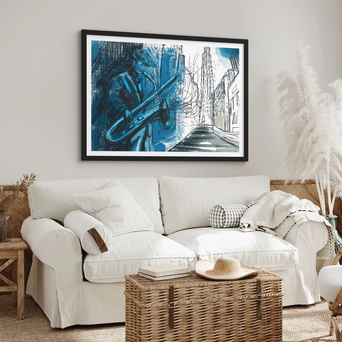 Póster en marco negro - Una figura tocando el saxofón con una ciudad como telón de fondo. - 70x50cm - Rapsodia urbana - Decoración de pared moderna para salón y dormitorio ARTTOR
