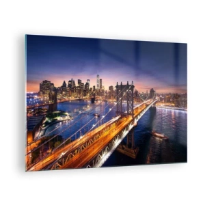 Cuadro sobre vidrio - Impresiones sobre Vidrio - El puente con el panorama nocturno de la ciudad y los rascacielos iluminados como telón de fondo. - 70x50cm - Un puente luminoso hacia el corazón de la ciudad