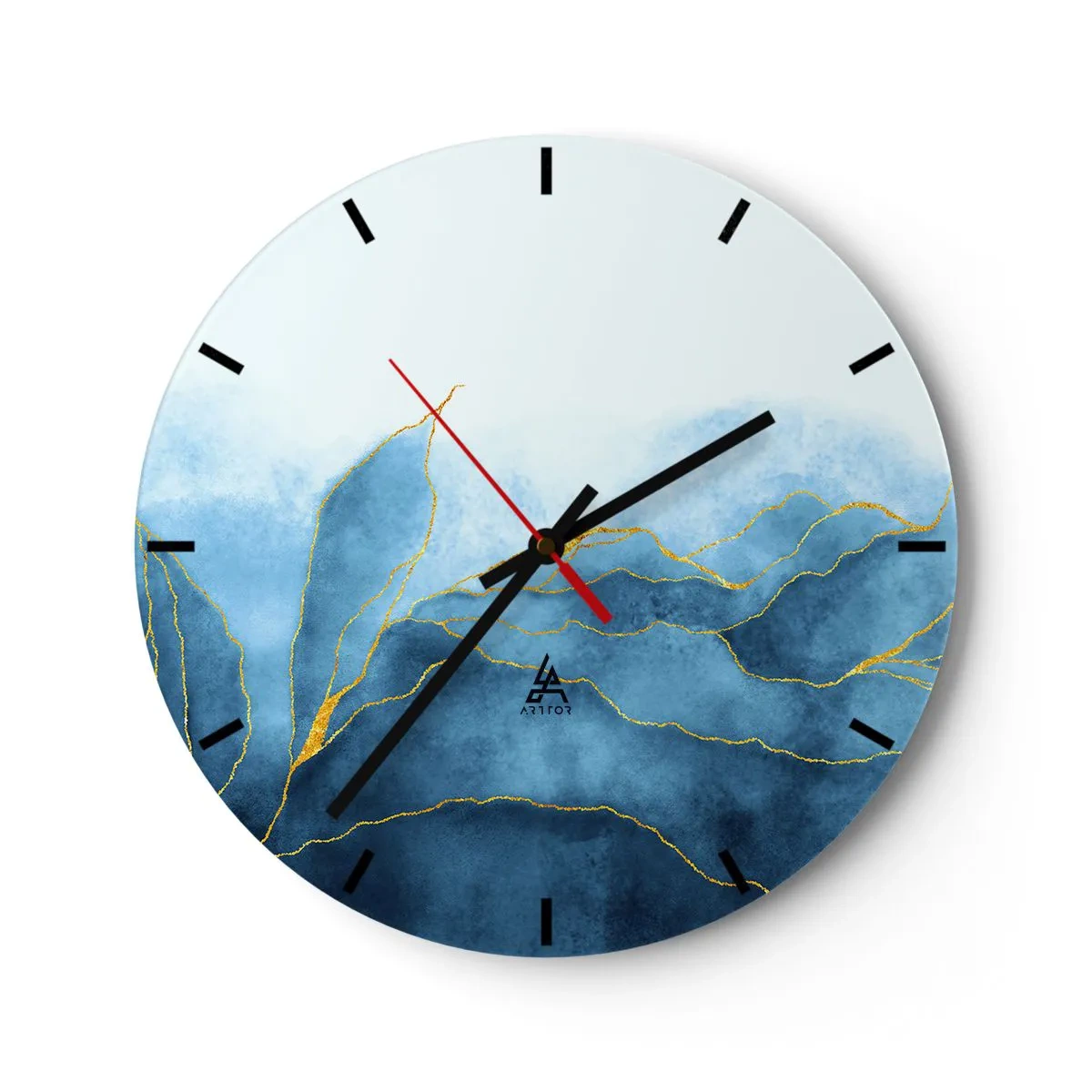 Reloj de pared - Reloj de vidrio - Montañas azules abstractas con líneas doradas sobre un fondo claro - 30x30cm - Oro y azul - Decoración de pared moderna para salón, cocina y dormitorio ARTTOR