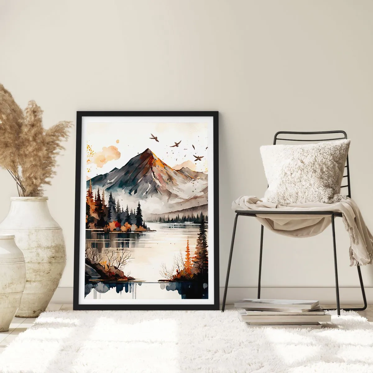 Póster en marco negro - Paisaje otoñal de montaña sobre un lago tranquilo - 50x70cm - Otoño dorado en las montañas - Decoración de pared moderna para salón y dormitorio ARTTOR