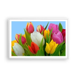 Póster en marco blanco - Arco iris floral en gotas de rocío - 91x61 cm