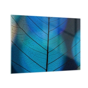 Cuadro sobre vidrio - Impresiones sobre Vidrio - Un primer plano de una hoja azul que muestra la estructura de las nervaduras. - 70x50cm - Construcción intrincada - Decoración de pared moderna para salón y dormitorio ARTTOR