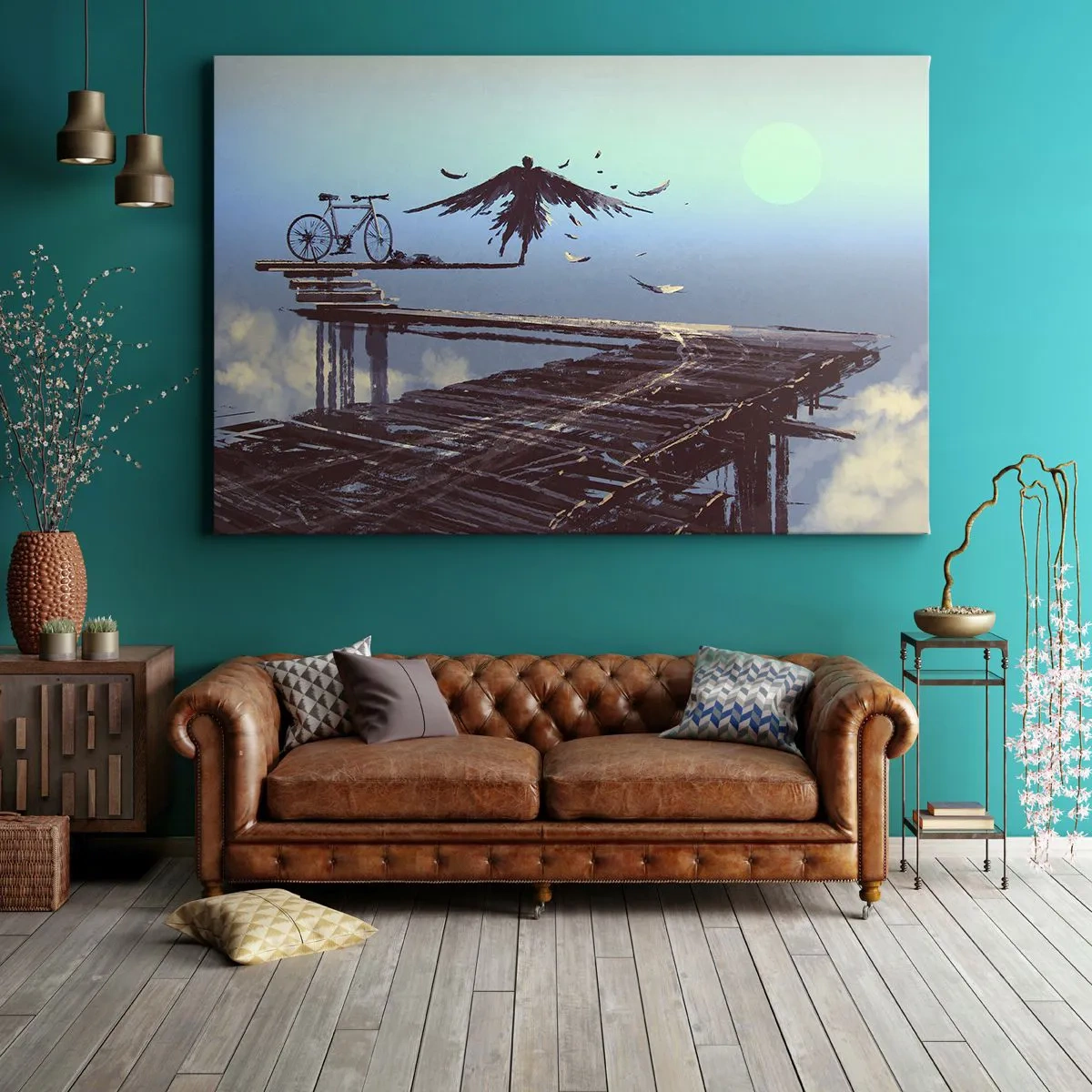 Cuadro sobre lienzo - Impresión de Imagen - Una figura con plumas flota sobre un puente de madera al lado de una bicicleta. - 70x50cm - Ícaro eternamente vivo - Decoración de pared moderna para salón y dormitorio ARTTOR