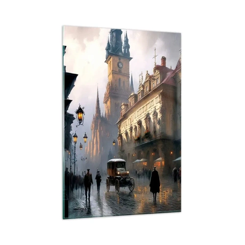 Cuadro sobre vidrio - Impresiones sobre Vidrio - Escena callejera nocturna con arquitectura histórica - 80x120cm - La magia de una noche de Praga - Decoración de pared moderna para salón y dormitorio ARTTOR