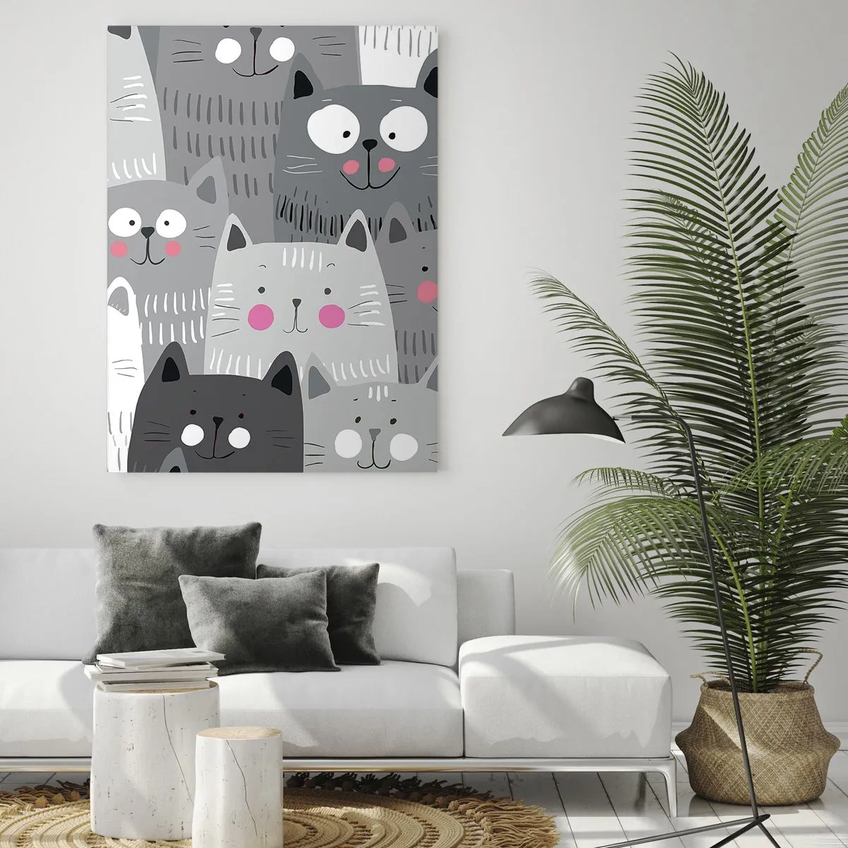 Cuadro sobre vidrio - Impresiones sobre Vidrio - Un patrón divertido con gatos en tonos grises. - 70x100cm - El mundo de los gatos - Decoración de pared moderna para salón y dormitorio ARTTOR