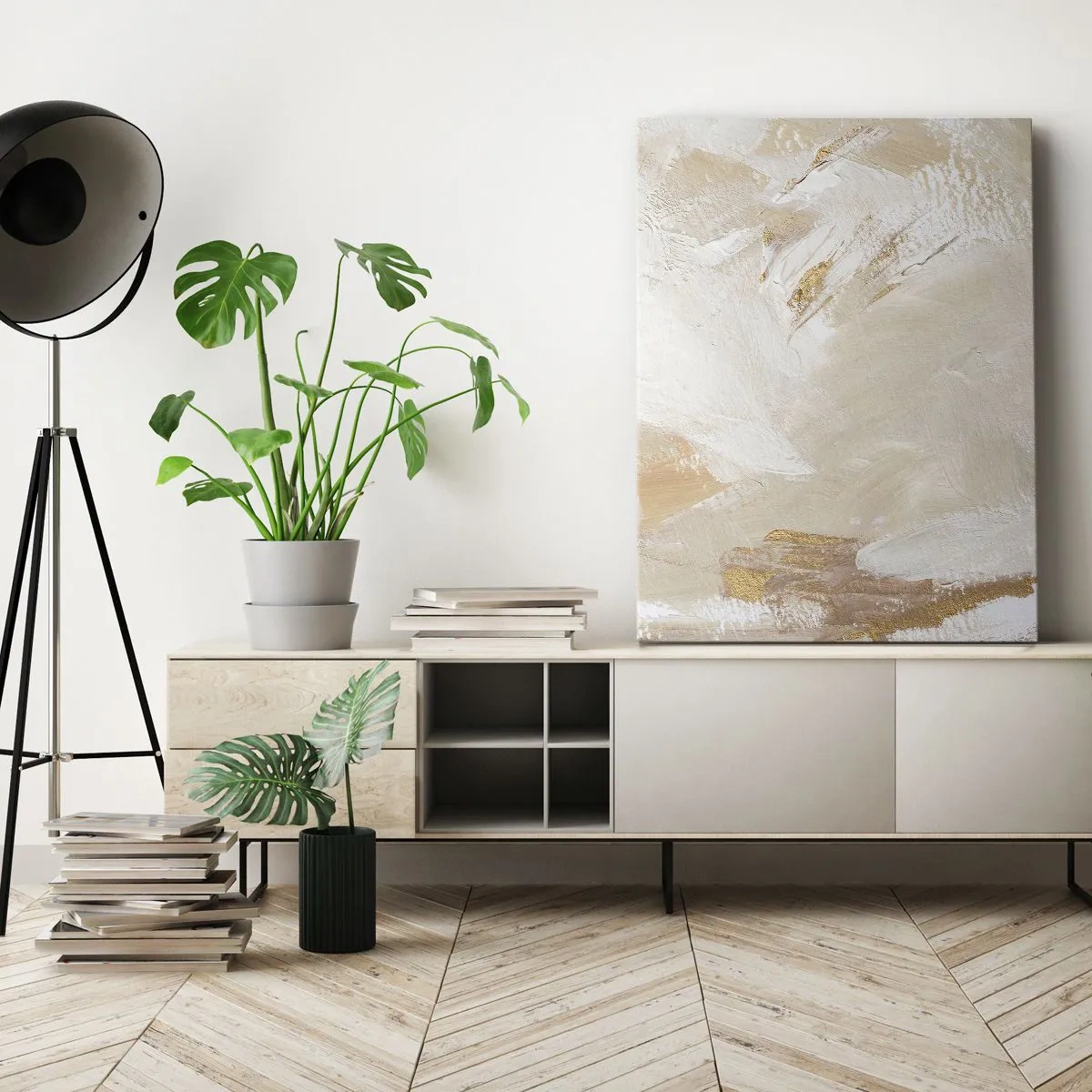 Cuadro sobre lienzo - Impresión de Imagen - Delicados tonos abstractos en tonos beige y dorado. - 50x70cm - Composición en pastel - Decoración de pared moderna para salón y dormitorio ARTTOR