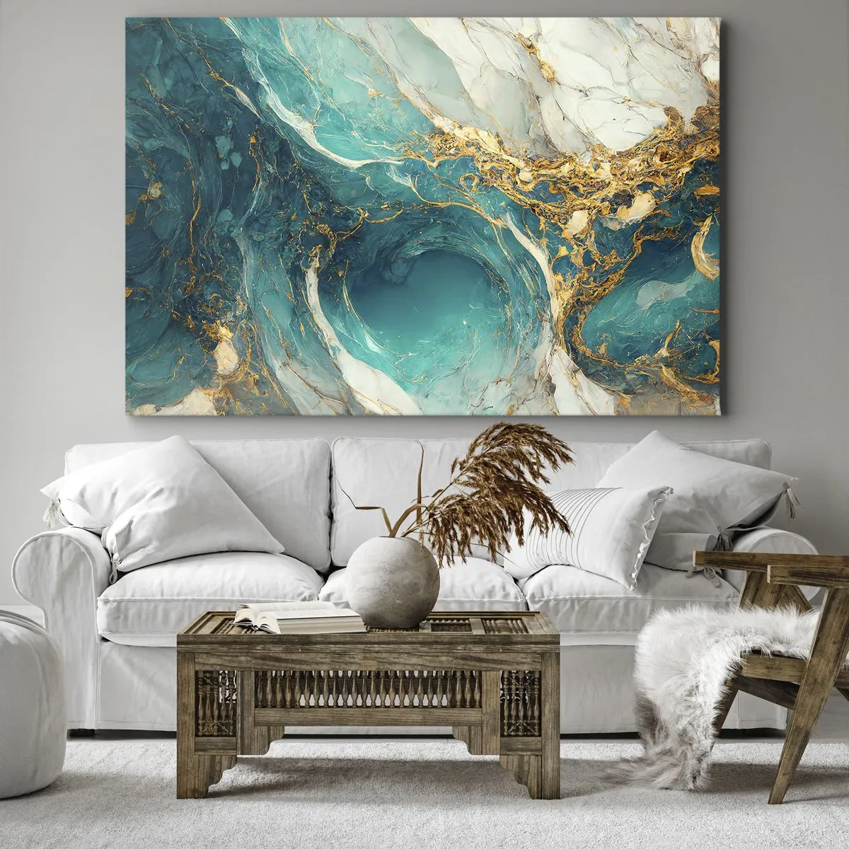 Cuadro sobre lienzo - Impresión de Imagen - Una composición abstracta en tonos turquesa y dorado. - 70x50cm - Composición con vetas de oro - Decoración de pared moderna para salón y dormitorio ARTTOR