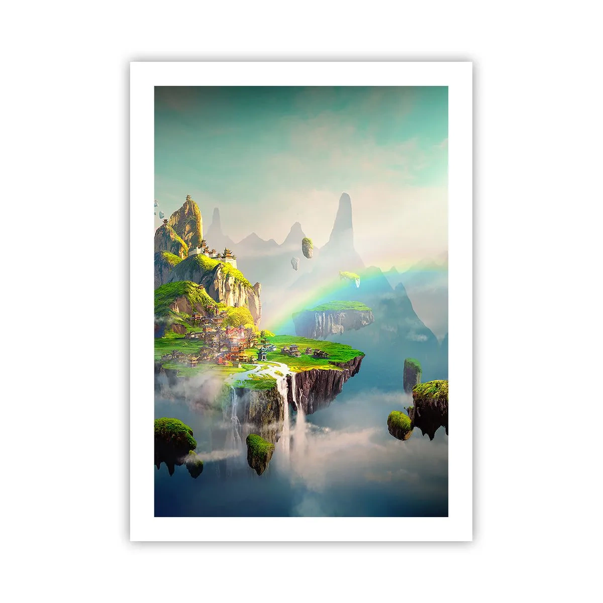 Póster - Un paisaje mágico con montañas, un arcoíris y una cascada. - 50x70cm - El medio de la nada - islas flotantes - Decoración de pared moderna para salón y dormitorio ARTTOR