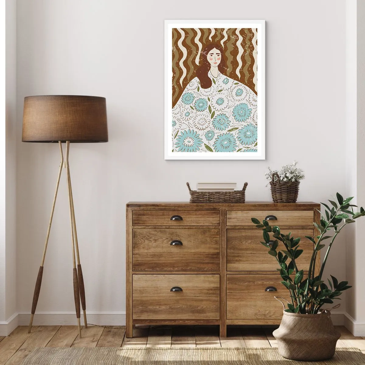 Póster en marco blanco - Retrato con túnica de flores - 70x100 cm