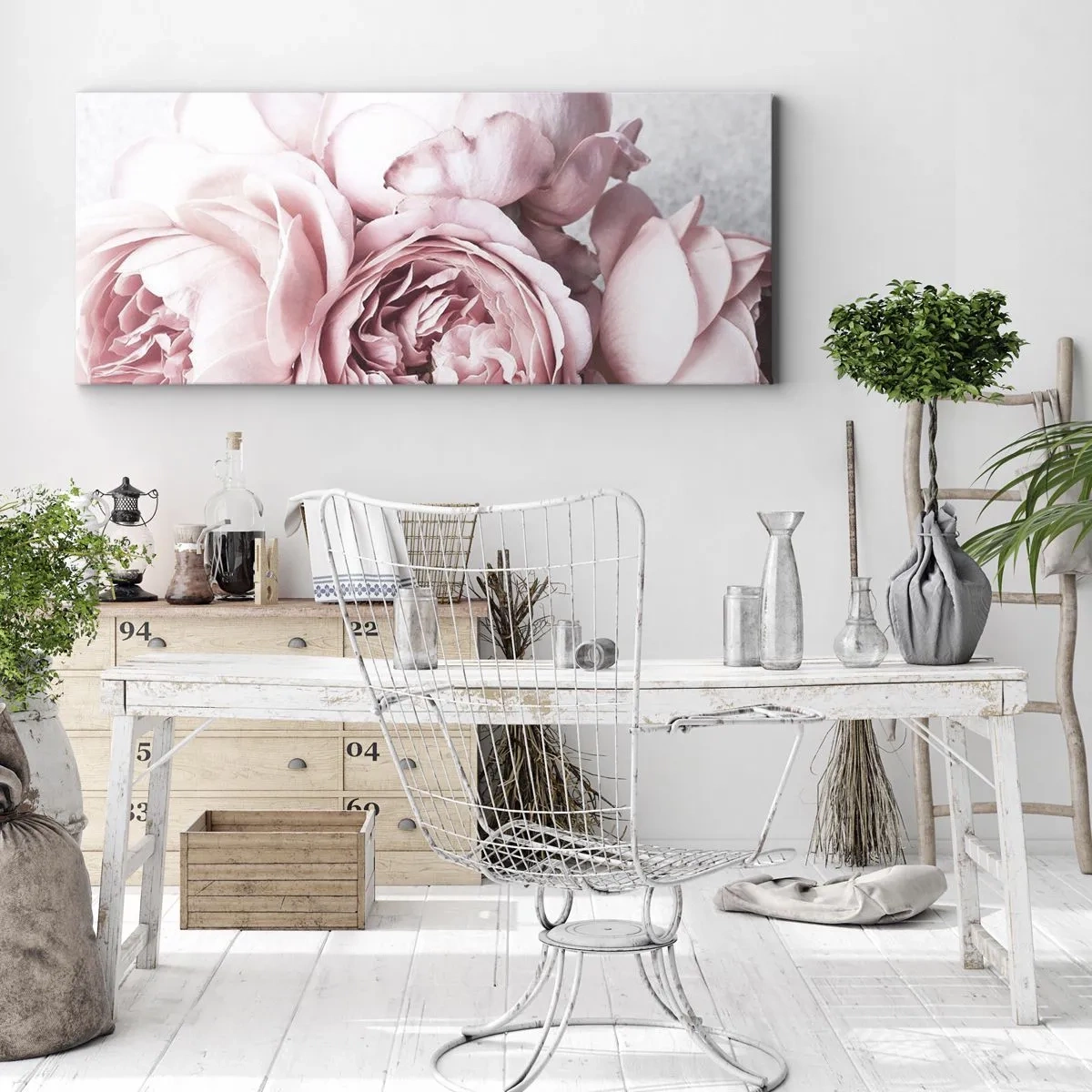 Cuadro sobre lienzo - Impresión de Imagen - Peonías rosas en una luz suave sobre un fondo claro. - 120x50cm - Para los románticos - Decoración de pared moderna para salón y dormitorio ARTTOR