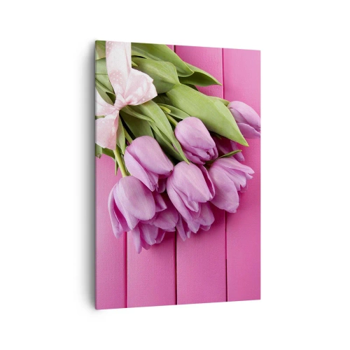 Cuadro sobre lienzo - Impresión de Imagen - Un ramo de tulipanes rosas con un lazo sobre un fondo rosa. - 70x100cm - Solo para ti - Decoración de pared moderna para salón y dormitorio ARTTOR