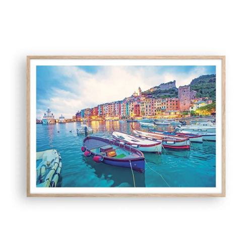 Póster en marco roble claro - Una noche colorida en el puerto - 100x70 cm