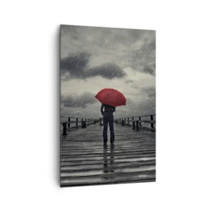 Cuadro sobre lienzo - Impresión de Imagen - Una persona con un paraguas rojo en un muelle lluvioso. - 80x120cm - No importa que llueva - Decoración de pared moderna para salón y dormitorio ARTTOR