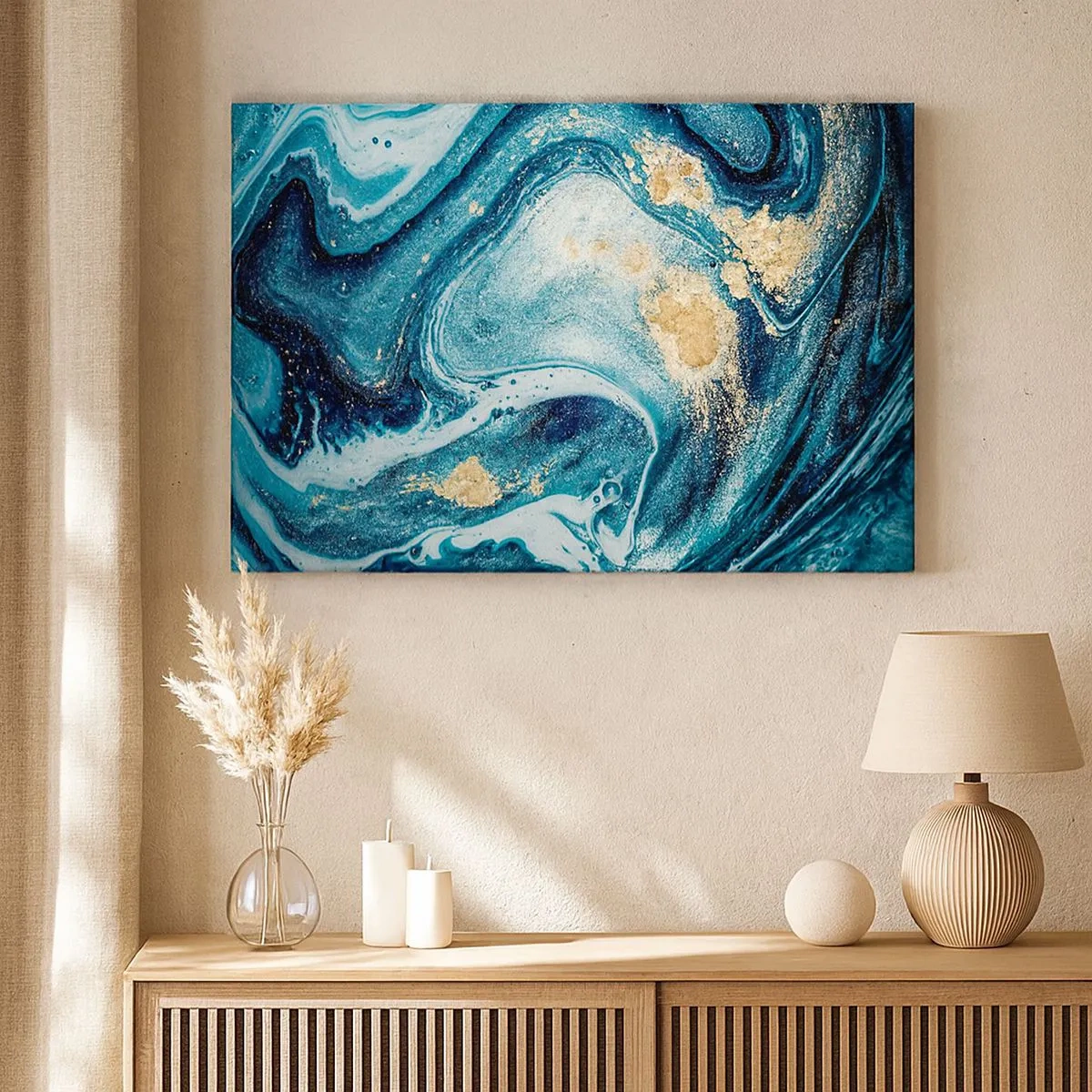 Cuadro sobre lienzo - Impresión de Imagen - Una composición abstracta de ondas y acentos dorados. - 70x50cm - Vórtice azul - Decoración de pared moderna para salón y dormitorio ARTTOR
