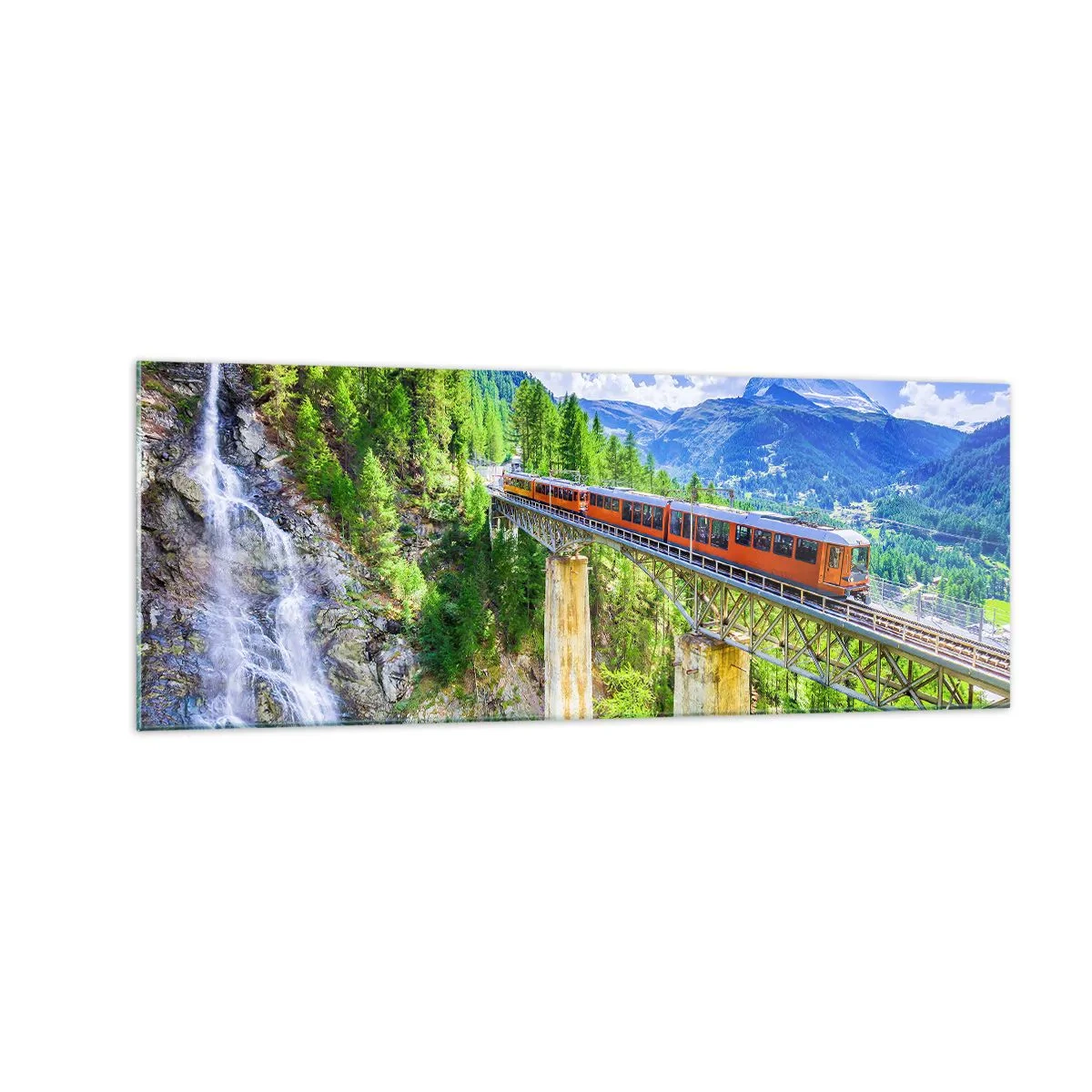Cuadro sobre vidrio - Impresiones sobre Vidrio - Una montaña rusa en un puente con vistas a una cascada y montañas. - 140x50cm - Ferrocarril a los Alpes - Decoración de pared moderna para salón y dormitorio ARTTOR
