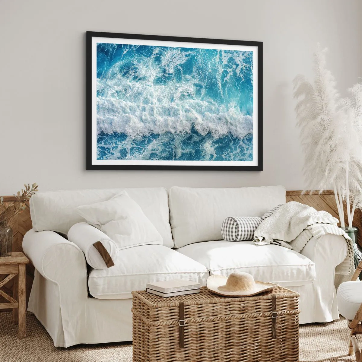 Póster en marco negro - Olas oceánicas dinámicas en tonos azules - 100x70cm - Alegre y con mucho brío - Decoración de pared moderna para salón y dormitorio ARTTOR