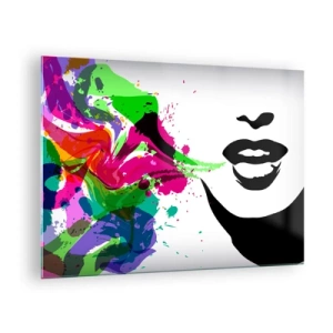 Cuadro sobre vidrio - Impresiones sobre Vidrio - Una abstracción colorida con perfil femenino y toques de color. - 70x50cm - Una historia con los colores del arco iris - Decoración de pared moderna para salón y dormitorio ARTTOR
