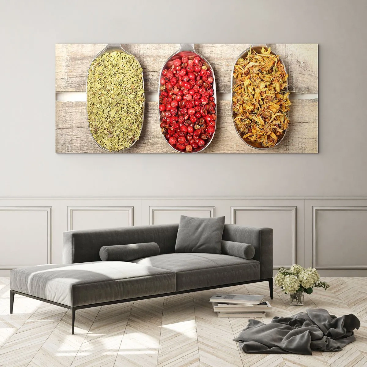 Cuadro sobre vidrio - Impresiones sobre Vidrio - Tres cucharas de metal con especias sobre un fondo de madera. - 140x50cm - La magia de la cocina - Decoración de pared moderna para salón y dormitorio ARTTOR