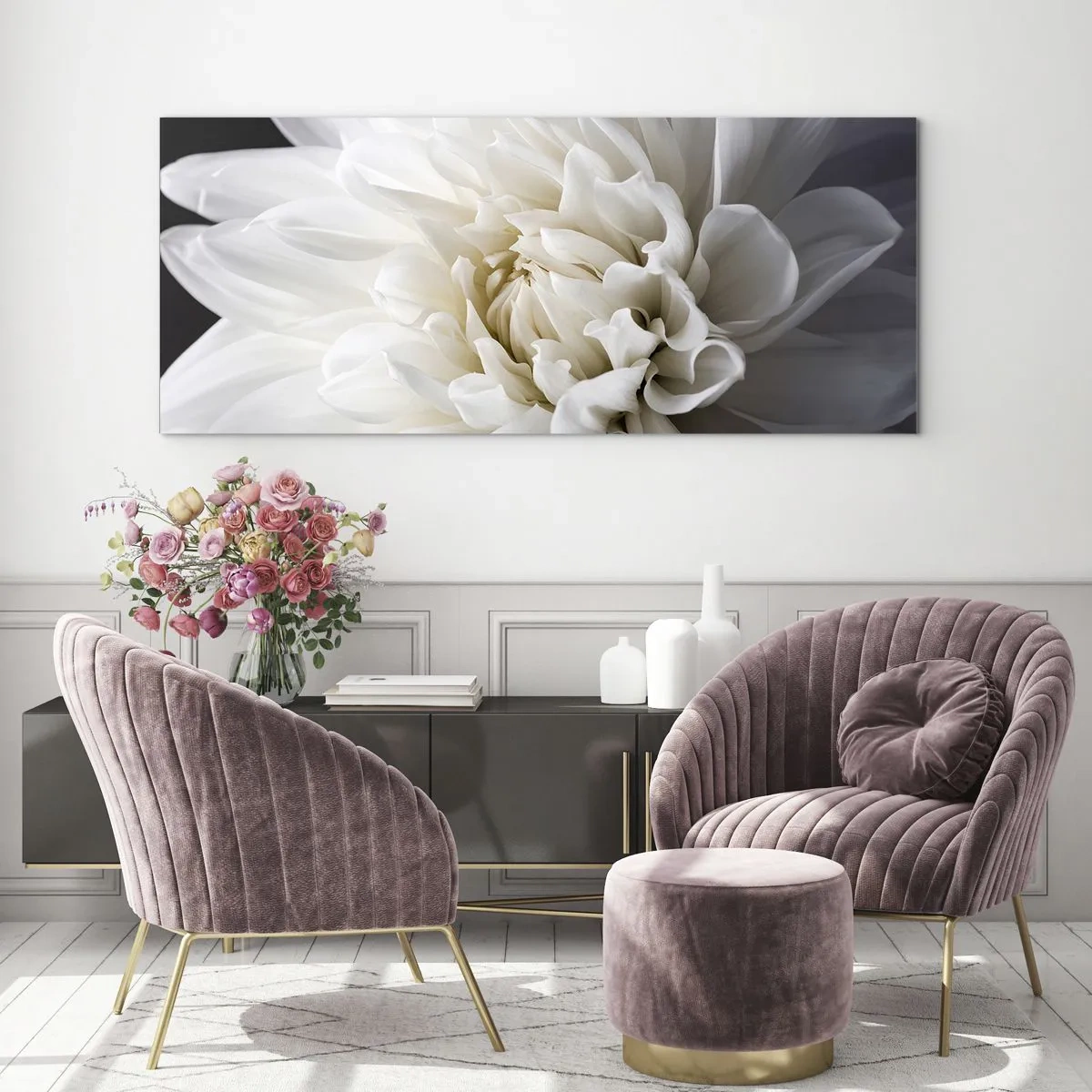 Cuadro sobre vidrio - Impresiones sobre Vidrio - Una delicada flor blanca sobre un fondo negro en una elegante composición. - 160x50cm - La novia de la mañana - Decoración de pared moderna para salón y dormitorio ARTTOR