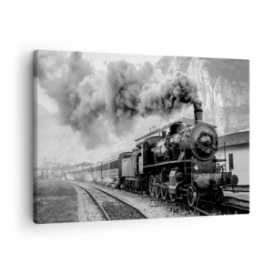 Cuadro sobre lienzo - Impresión de Imagen - Una locomotora de vapor en blanco y negro contra un paisaje montañoso. - 70x50cm - Rumbo a la estación... - Decoración de pared moderna para salón y dormitorio ARTTOR