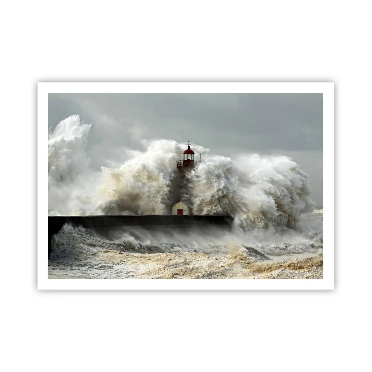 Póster - Un faro rodeado de fuertes olas durante una tormenta. - 100x70cm - La furia del océano - Decoración de pared moderna para salón y dormitorio ARTTOR