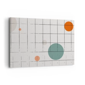 Cuadro sobre lienzo - Impresión de Imagen - Círculos de colores abstractos sobre un fondo de cuadrícula geométrica - 100x70cm - Atrapados. ¿Nosotros o ellos? - Decoración de pared moderna para salón y dormitorio ARTTOR