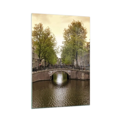 Cuadro sobre vidrio - Impresiones sobre Vidrio - Un canal en Ámsterdam rodeado de casas de vecindad históricas - 70x100cm - ¿En barco o en bicicleta? - Decoración de pared moderna para salón y dormitorio ARTTOR