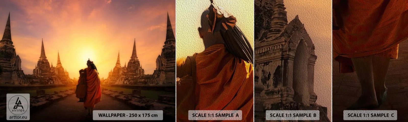 Muestra de fotomural Premium Sand - En paz por la eternidad - Tailandia, Budismo, Templo - 100x30 cm