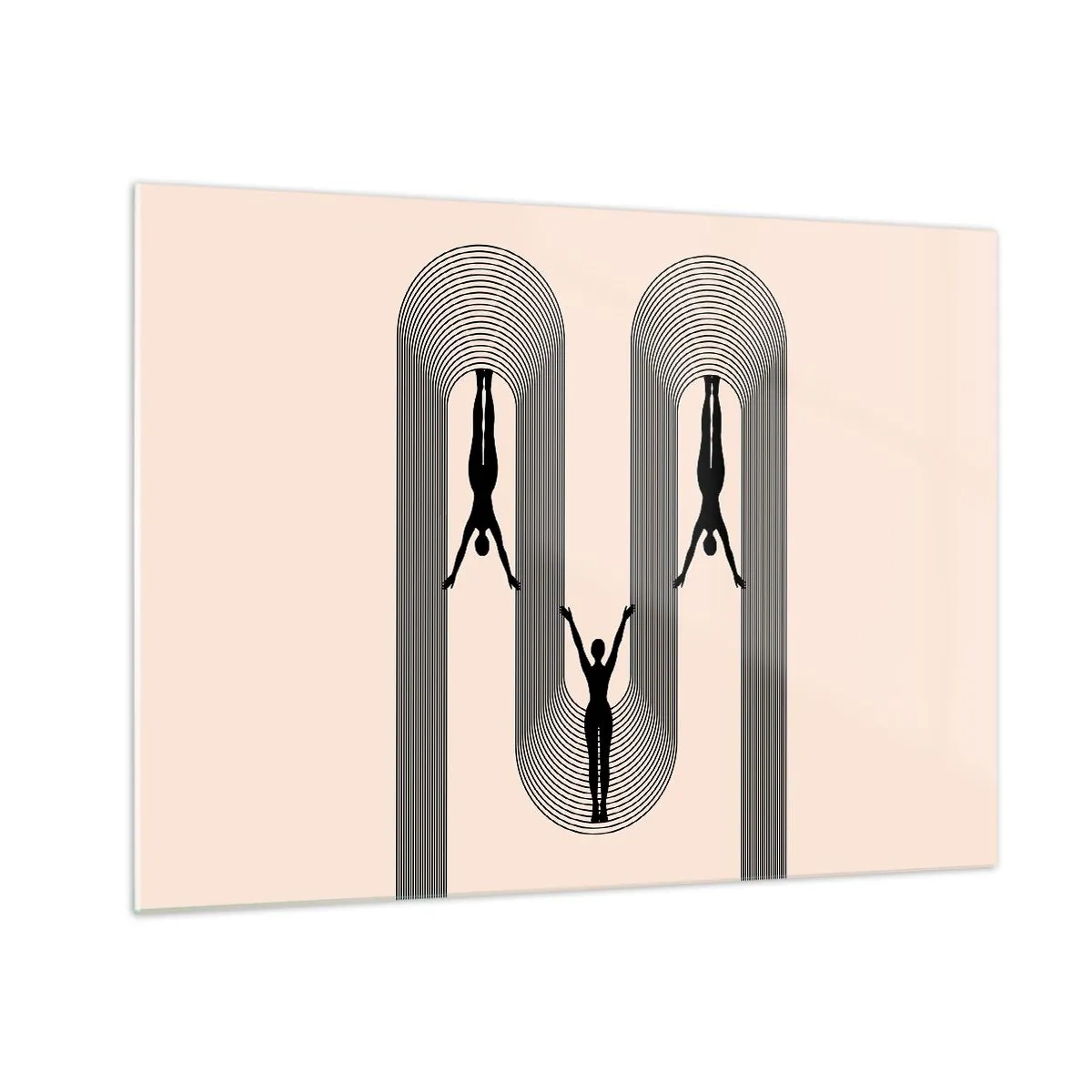 Cuadro sobre vidrio - Impresiones sobre Vidrio - Siluetas negras de figuras suspendidas en arcos rítmicos - 70x50cm - Al revés, o no - Decoración de pared moderna para salón y dormitorio ARTTOR